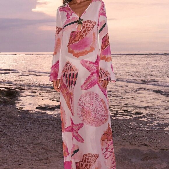 Pink Boho Women's Printed V-Neck Long Sleeve Dress - Picture 4 of 8